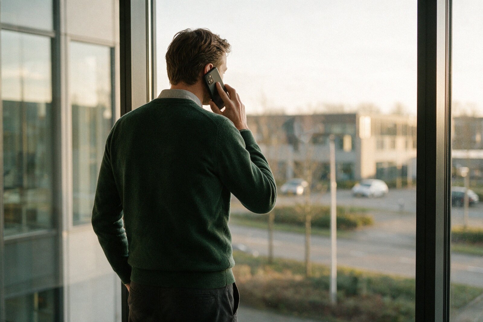 Adviseur van WattsTheDeal aan de telefoon bij het raam